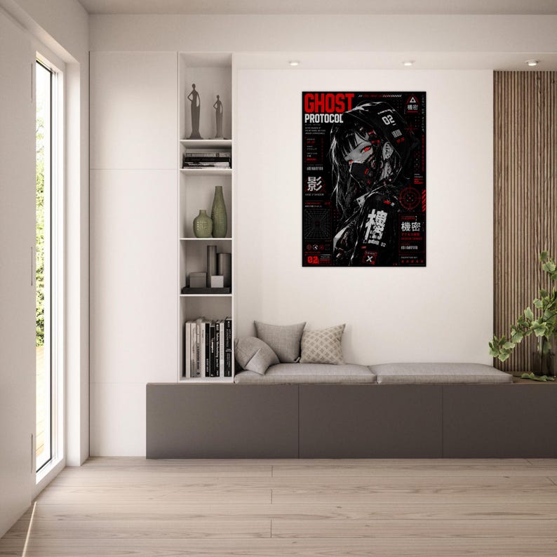 Ghost Protocol Cyberpunk Poster, Anime Wall Art Print, Cyber Ninja Artwork, Futuristic Japanese Decor, Red Neon Manga Poster image 7