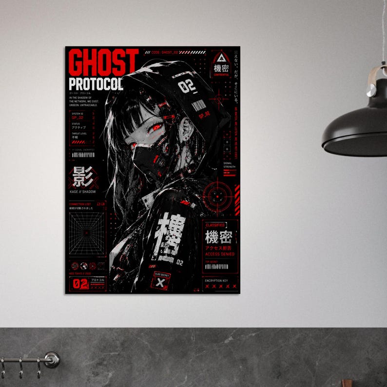 Ghost Protocol Cyberpunk Poster, Anime Wall Art Print, Cyber Ninja Artwork, Futuristic Japanese Decor, Red Neon Manga Poster image 11