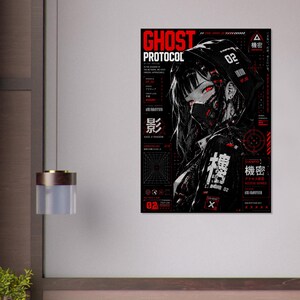 Ghost Protocol Cyberpunk Poster, Anime Wall Art Print, Cyber Ninja Artwork, Futuristic Japanese Decor, Red Neon Manga Poster image 10
