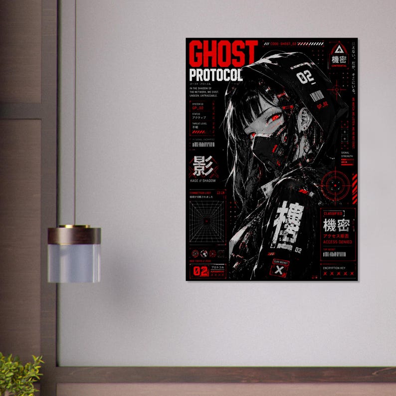 Ghost Protocol Cyberpunk Poster, Anime Wall Art Print, Cyber Ninja Artwork, Futuristic Japanese Decor, Red Neon Manga Poster image 10