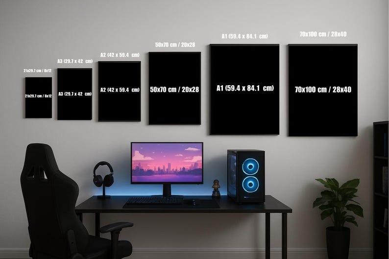 May include: Six rectangular black wall art frames of varying sizes labeled with dimensions including 21x29.7 cm / 8x12, A3 (29.7 x 42 cm), A2 (42 x 59.4 cm), 50x70 cm / 20x28, A1 (59.4 x 84.1 cm), and 70x100 cm / 28x40, displayed above a computer desk.