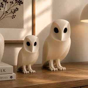Può includere: Due statuette di barbagianni color crema con superfici lisce e occhi scuri di forma ovale. I barbagianni sono affiancati, uno è notevolmente più grande dell'altro, entrambi con dischi facciali dettagliati e becchi appuntiti.