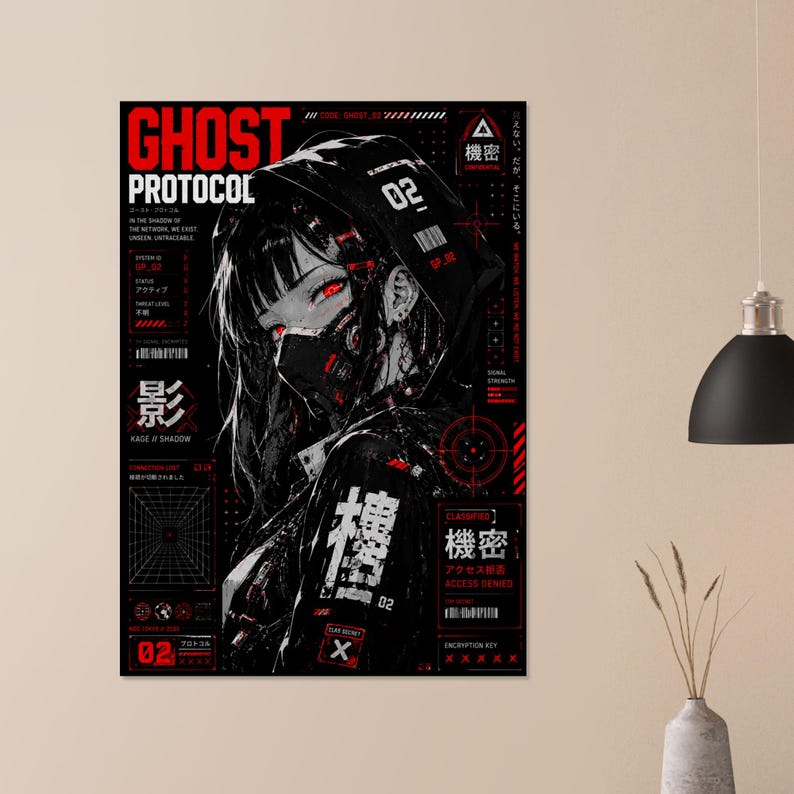 Ghost Protocol Cyberpunk Poster, Anime Wall Art Print, Cyber Ninja Artwork, Futuristic Japanese Decor, Red Neon Manga Poster image 2
