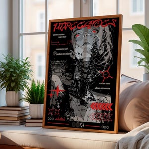 May include: A framed rectangular poster featuring a black and white illustration of a cyborg with red eyes and red graphic accents. The text reads FUTURE ECHOES, QUANTUM LEAPS AHEAD, DARE TO DREAM, PROGRESS NEVER SLEEPS, TECHNOLOGY MET HUMANITY, THE FUTURE IS OURS, DESIGNED FOR TOMORROW.