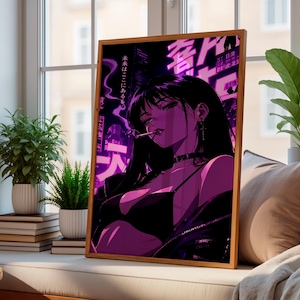 Può includere: Un poster verticale incorniciato con un'illustrazione in stile anime di una persona con capelli scuri, un girocollo e una sigaretta, su uno sfondo urbano al neon viola vibrante con testo giapponese che recita 未来はここにある e 喜.