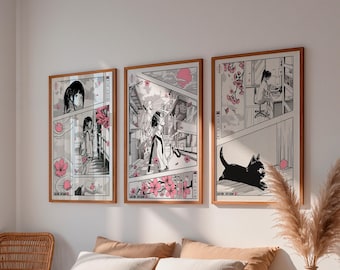 May include: Three framed art prints featuring manga-style illustrations. Each print has a wooden frame and depicts scenes with figures, cherry blossoms, and Japanese text. The artwork is primarily black, white, and pink.