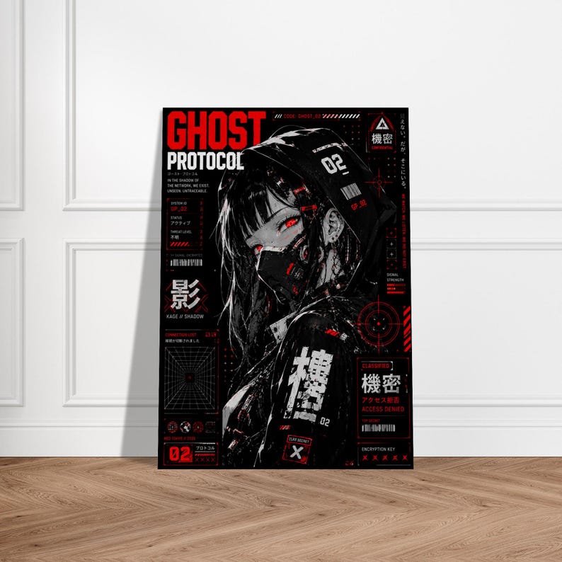 Ghost Protocol Cyberpunk Poster, Anime Wall Art Print, Cyber Ninja Artwork, Futuristic Japanese Decor, Red Neon Manga Poster image 5