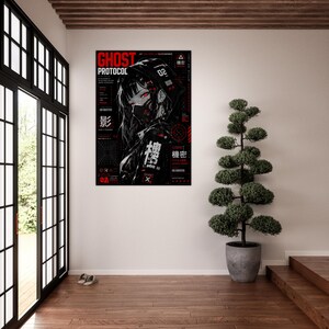 Ghost Protocol Cyberpunk Poster, Anime Wall Art Print, Cyber Ninja Artwork, Futuristic Japanese Decor, Red Neon Manga Poster image 4