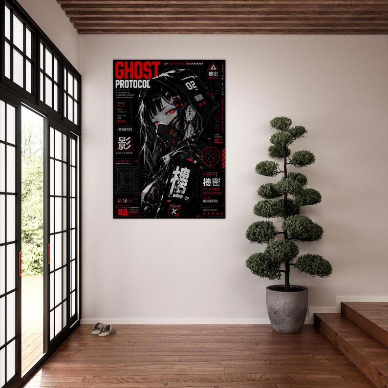 Ghost Protocol Cyberpunk Poster, Anime Wall Art Print, Cyber Ninja Artwork, Futuristic Japanese Decor, Red Neon Manga Poster image 4