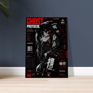 Ghost Protocol Cyberpunk Poster, Anime Wall Art Print, Cyber Ninja Artwork, Futuristic Japanese Decor, Red Neon Manga Poster image 12