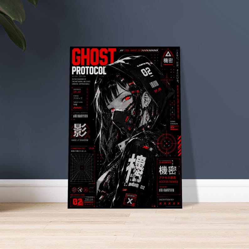 Ghost Protocol Cyberpunk Poster, Anime Wall Art Print, Cyber Ninja Artwork, Futuristic Japanese Decor, Red Neon Manga Poster image 12