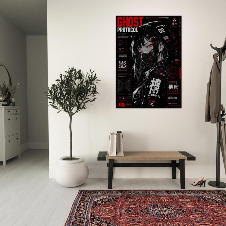 Ghost Protocol Cyberpunk Poster, Anime Wall Art Print, Cyber Ninja Artwork, Futuristic Japanese Decor, Red Neon Manga Poster image 15