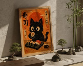 Quadro da parete Kawaii con gatto nero e sushi, poster vintage di cibo giapponese, stampa di gatto anime carino, decorazione retrò per la cucina sushi, regalo per gli amanti dei gatti