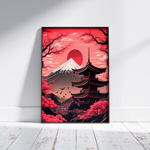 Mount Fuji Landscape Poster | Japanese Aesthetic Illustration |Elegant Anime Art Print Aesthetic | Unframed