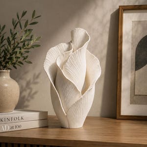Pode incluir: Um vaso de cerâmica na cor creme com um design escultural que imita a forma orgânica e em camadas de uma flor a desabrochar. A superfície do vaso é coberta por finas estrias verticais que seguem as curvas das pétalas, criando uma aparência texturizada em toda a peça.