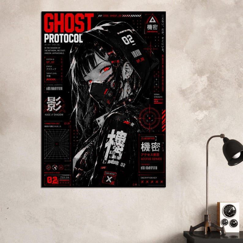 Ghost Protocol Cyberpunk Poster, Anime Wall Art Print, Cyber Ninja Artwork, Futuristic Japanese Decor, Red Neon Manga Poster image 8