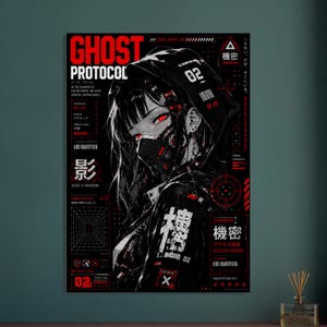 Ghost Protocol Cyberpunk Poster, Anime Wall Art Print, Cyber Ninja Artwork, Futuristic Japanese Decor, Red Neon Manga Poster image 14