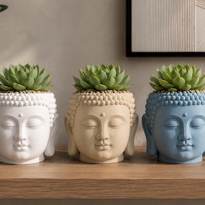 Könnte beinhalten: Drei Buddha-Kopf-Pflanzgefäße in Weiß, Beige und Hellblau, jeweils mit einer grünen Sukkulente bepflanzt. Die Gefäße zeigen eine texturierte Haarstruktur und geschlossene Augen und sind in einer Reihe auf einer Holzoberfläche angeordnet.