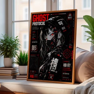May include: A framed poster titled Ghost Protocol featuring a black and white illustration of a character with red eyes wearing a hood and mask. The design includes red accents, technical text, Japanese characters, and a target graphic on a black background.