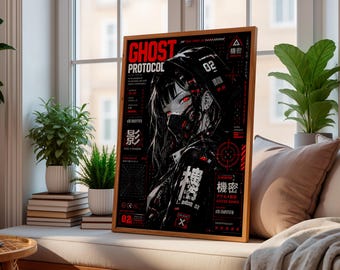 Ghost Protocol Cyberpunk Poster, Anime Wall Art Print, Cyber Ninja Artwork, Futuristic Japanese Decor, Red Neon Manga Poster