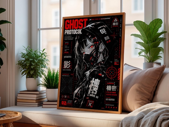 Ghost Protocol Cyberpunk Poster, Anime Wall Art Print, Cyber Ninja Artwork, Futuristic Japanese Decor, Red Neon Manga Poster
