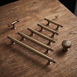 Vintage T Bar Cabinet Pulls, Ribbed Drawer Handles, Round Dresser Knob, Kitchen Cupboard Hardware, Vanity Wardrobe Door Pull Set Decor