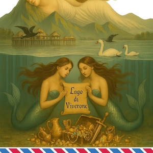 Può includere: Illustrazione artistica di una scena lacustre con una donna addormentata sopra l'acqua. Due sirene tengono una pergamena con "Lago di Viverone". Un forziere e altri oggetti sono in basso. L'immagine include il testo "POST20SSING."
