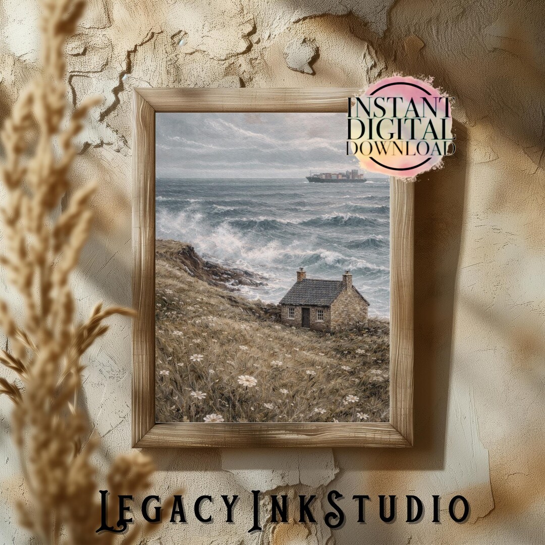 Rustic Pcean Background Coastal Landscape Print Vintage Seascape Illustration Rustic Ocean ...