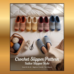 May include: A collection of handmade crochet slippers in various colors, including orange, yellow, burgundy, and blue, arranged on a bed. The slippers have a striped design. The image also includes a basket of yarn, scissors, and the text "Crochet Slipper Pattern".