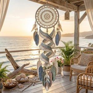 May include: A circular dream catcher featuring an intricate cream-colored crocheted web, suspended by a string. Below the hoop, a long, spiraling crocheted tail in shades of blue, gray, and cream hangs, accented with wooden beads and several soft feathers.