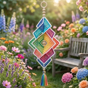 May include: A hanging spiral wind spinner crafted from crocheted squares in a vibrant rainbow gradient of red, orange, yellow, green, blue, and purple. The structure features a wooden ring at the top, wooden beads, and a multi-colored yarn tassel.