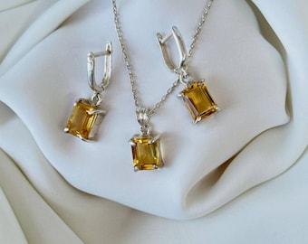 Natural Turkish Citrine Jewelry Set 925 Sterling Silver Necklace Earrings Baguette Cut Gemstone Gift