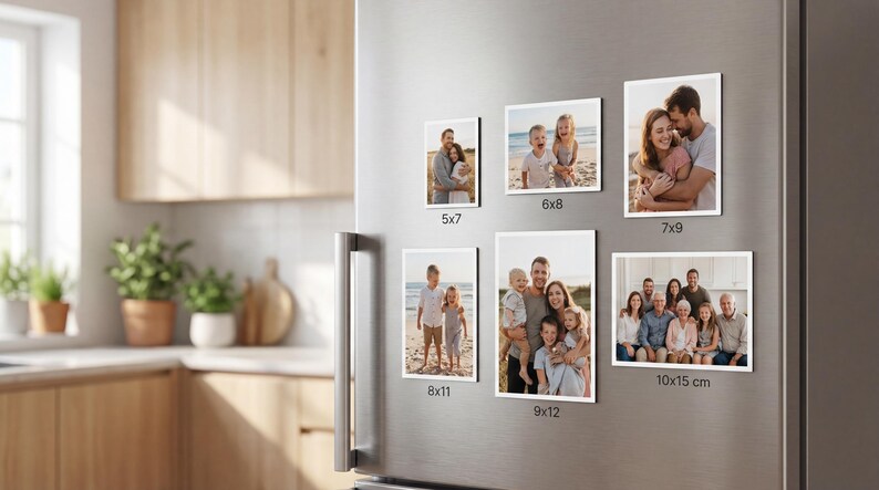 May include: A selection of framed family photographs of different sizes, including 5x7, 6x8, 7x9, 8x11, 9x12, and 10x15 cm, are displayed on a refrigerator. The photos show families and couples in various settings.