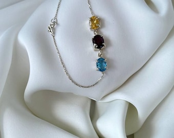 Natural Gemstone Bracelet 925 Sterling Silver Garnet Blue Topaz Citrine Multi Stone Jewelry Gift For Her