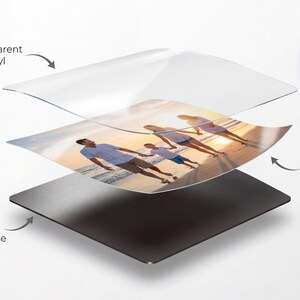 May include: An image of a photo magnet, with layers showing a family photo, a transparent protective vinyl layer, and a magnetic base. The magnet is waterproof, scratch-resistant, and has a strong magnetic hold.