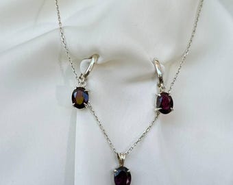 Natural Garnet Necklace Earrings Set 925 Sterling Silver Oval Gemstone January Birthstone Gift For Her