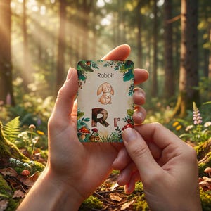 May include: A person holding a card with a rabbit illustration and the letter "R". The card has the word "Rabbit" at the top. The background is a forest scene with sunlight.