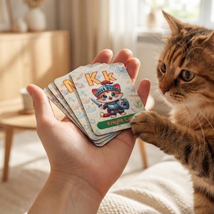 May include: A hand holds a stack of cards featuring a cartoon knight cat with the letter "K". A brown tabby cat reaches for the cards. The cards have a light background with a green banner that says "Knight Cat".