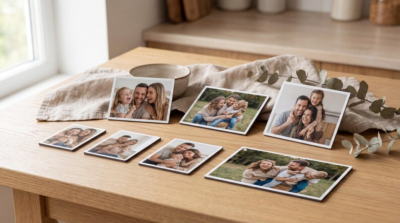 May include: A set of square photo coasters displaying family portraits. The coasters are arranged on a wooden table, showing images of a smiling family. The photos have white borders and dark edges.
