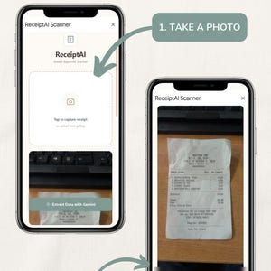 May include: A graphic showing the steps to use the ReceiptAI app. The steps include taking a photo of a receipt, scanning it, and extracting data. The app interface is displayed on a smartphone.