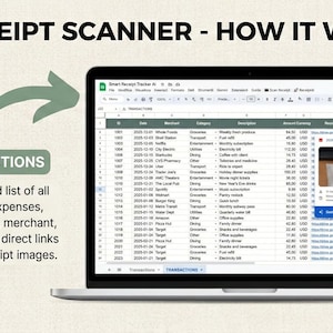 May include: A laptop screen displays a spreadsheet labeled "TRANSACTIONS" with expense data. The image shows how the AI receipt scanner works, with a detailed list of scanned expenses organized by date, merchant, and category, with direct links to the original receipt images.