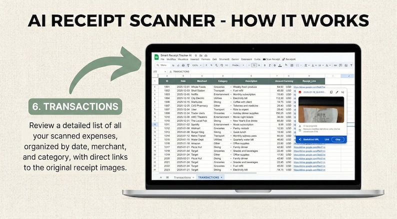 May include: A laptop screen displays a spreadsheet labeled "TRANSACTIONS" with expense data. The image shows how the AI receipt scanner works, with a detailed list of scanned expenses organized by date, merchant, and category, with direct links to the original receipt images.