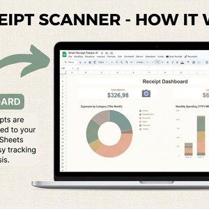 May include: A laptop screen displays a receipt dashboard with financial data, including a pie chart and bar graph. The text reads "AI RECEIPT SCANNER - HOW IT WORKS" and "5. DASHBOARD". The dashboard shows expenses and monthly spending.