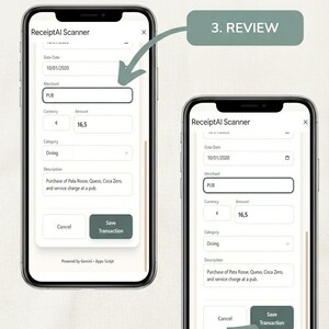 May include: A graphic showing the steps of an AI receipt scanner app. The text reads "AI RECEIPT SCANNER - HOW IT WORKS." Two smartphones display the app interface, showing data entry fields and the "Save Transaction" button.