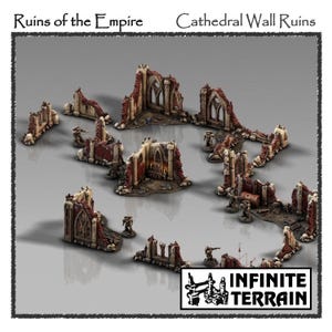 Può includere: Rovine di muri di cattedrali in miniatura nei toni del rosso, marrone e beige. Il set include più pezzi con finestre ad arco e texture dettagliate. Il testo "Ruins of the Empire" e "Cathedral Wall Ruins" è visibile.
