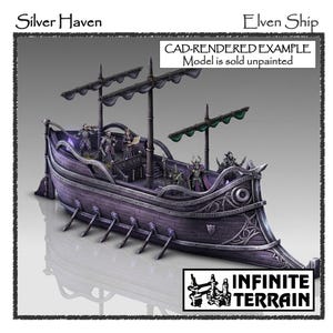Könnte beinhalten: Ein Miniatur-Elfenschiff-Modell namens Silver Haven von Infinite Terrain. Das violette Schiff zeigt detaillierte Rumpfschnitzereien, mehrere Masten mit Segeln und kleine Figuren an Deck. Text: CAD-RENDERED EXAMPLE, Model is sold unpainted.