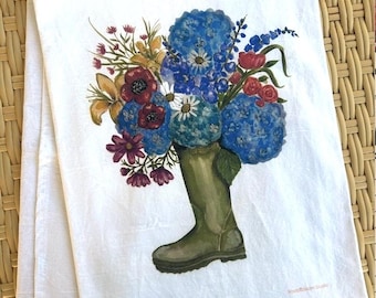 Boot Bouquet Kitchen Towel – White Cotton Garden Blooms Print