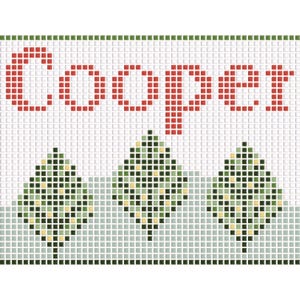 Op de afbeelding: Een pixelontwerp met de naam "Cooper" in rode letters. Onder de naam staan drie groene en gele ruitvormen. De achtergrond is wit met een groene rand.