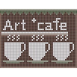 Op de afbeelding: Een gepixeld bord met de tekst "Art Cafe" boven drie witte koffiekopjes. Het bord heeft een bruine achtergrond met een groene rand aan de bovenkant en een grijs rasterpatroon.