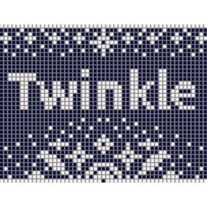 Op de afbeelding: Een marineblauw en wit pixelpatroon met het woord "Twinkle" in witte blokletters. Het ontwerp bevat witte sneeuwvlokpatronen en een rasterachtige achtergrond.
